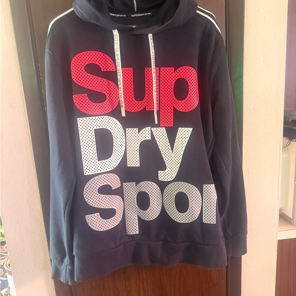 Superdry Men's Navy Hoodie with Red and White Accents